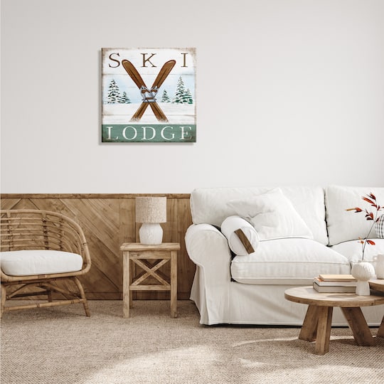 Stupell Industries Ski Lodge Rustic Cabin Sign Snowy Tree Forest Canvas Wall Art